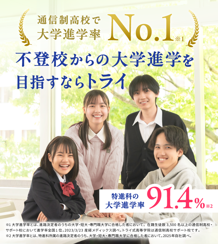 通信制高校で大学進学率 No.1 ※1 不登校からの大学進学を目指すならトライ 特進科の大学進学率 91.4% ※2 ※1大学進学率とは、進路決定者のうちの大学・短大・専門職大学に合格した者において。在籍生徒数3,500名以上の通信制高校・ サポート校において進学率全国1位。2023/3/23 産経メディックス調べ。トライ式高等学院は通信制高校サポート校です。※2大学進学率とは、特進科所属の進路決定者のうち、大学・短大・専門職大学に合格した者において。2025年自社調べ。
